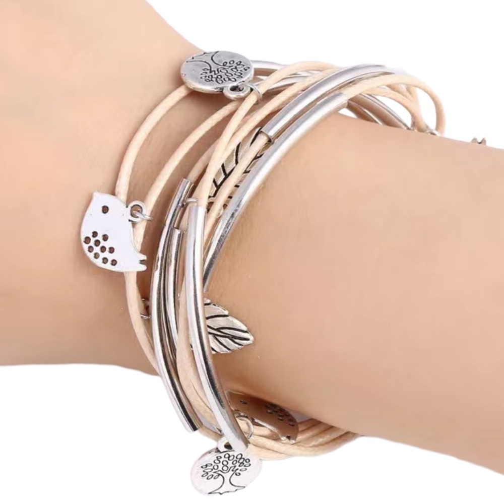 Boho Style Layered Vegan Leather Bracelet with Bird and Tree Charms